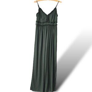 Miami Jumpsuit Women's Sz S Olive Green Spaghetti Strap Ruffle Wide Leg Romper